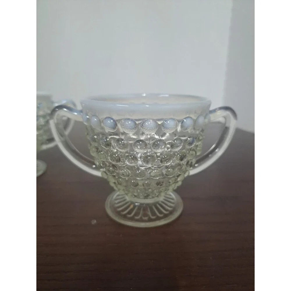 1940s Anchor Hocking Opalescent Hobnail Open Sugar Bowl And Creamer